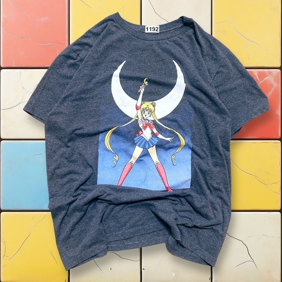 Sailor Moon Anime Y2K T Shirt Graphic Tee Men's Size L Gray Crew Neck Cartoon - Picture 1 of 12